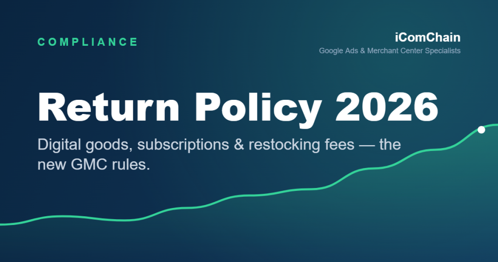 Google Merchant Center 2026 return policy rules digital goods subscriptions restocking fees